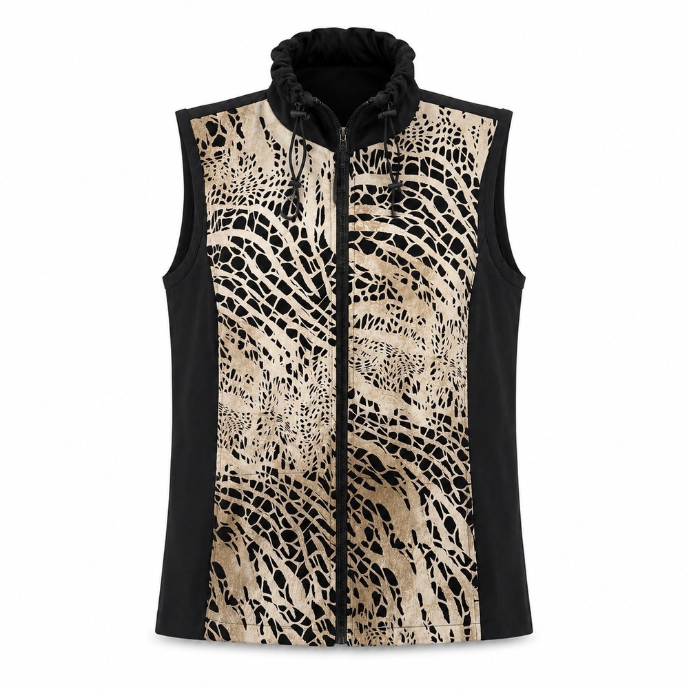 Zenergy Golf Chicos Vest 2 Black Tan Zip Up Animal Print Athleisure Golfcore